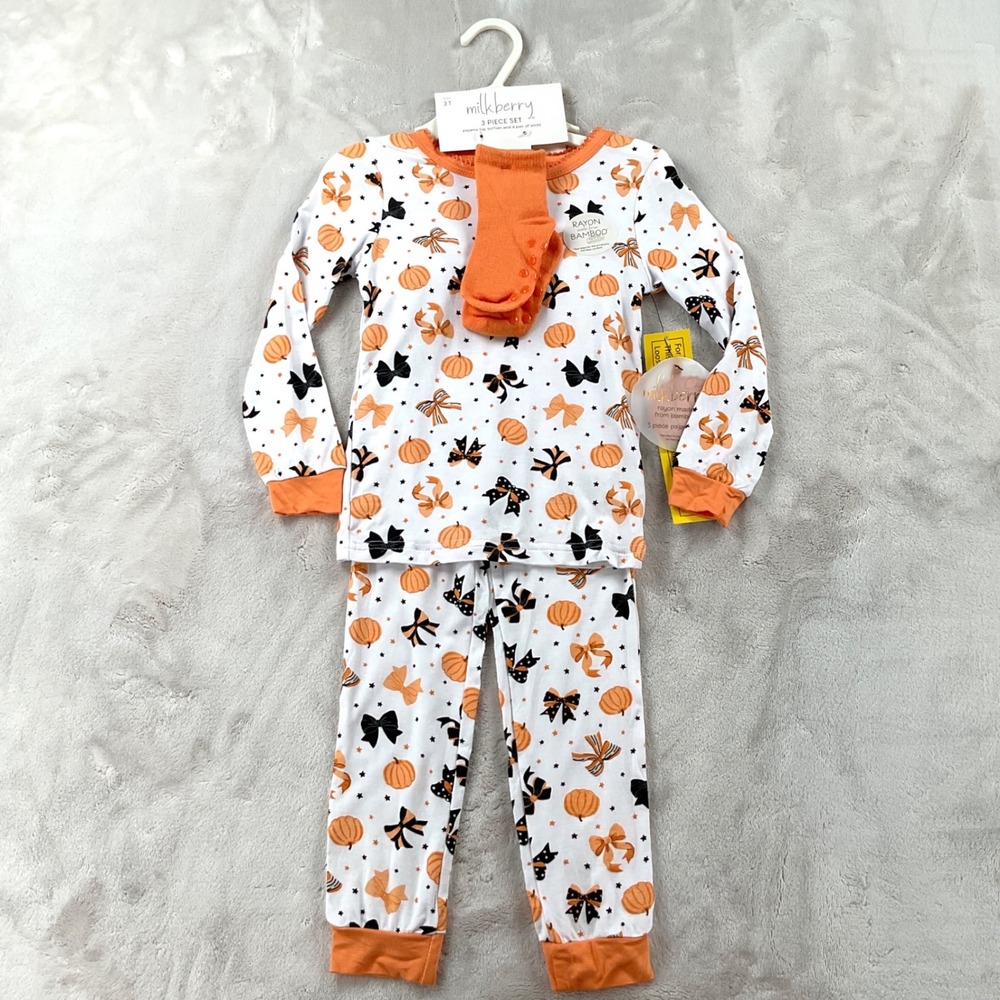 Milkberry Kids 3T Halloween Bamboo Pajama Set Pumpkins Bows 3 Piece NWT
